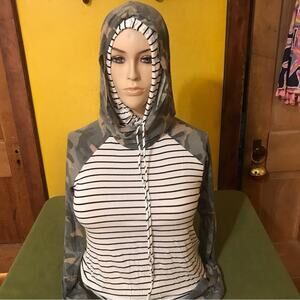 Soft light weight camo pullover Hoodie Adora Shown on mannequin with 46” bust.